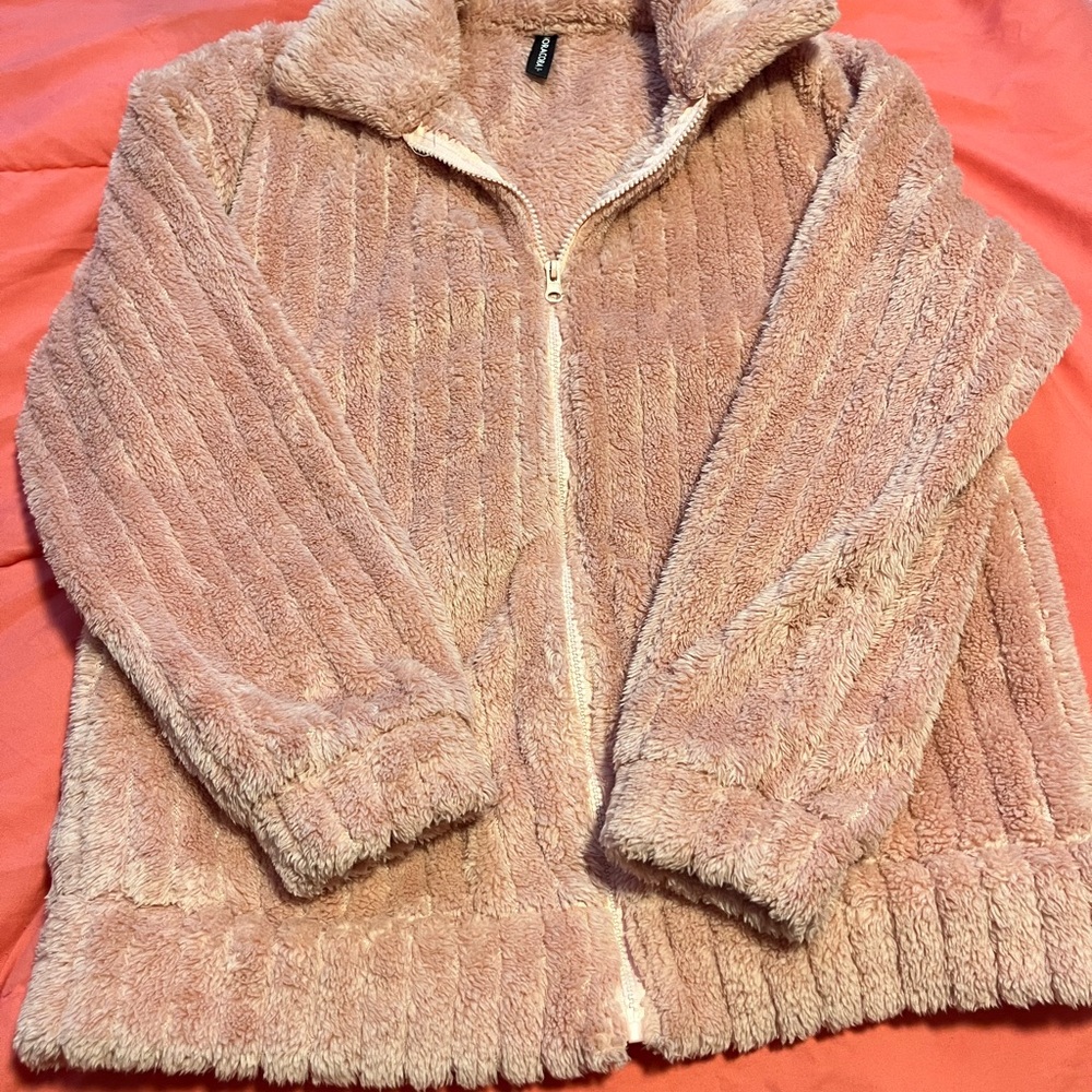 Plush Zip-Up Teddy Jacket in Dusty Rose - Unbranded with pockets on the sides